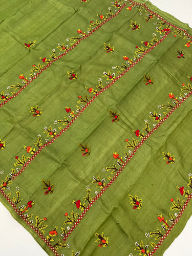 Lightweight Tribal Lambani Embroidery Pure Tussar Silk Saree | Light Moss Green | Hand Embroidery | Ships from California